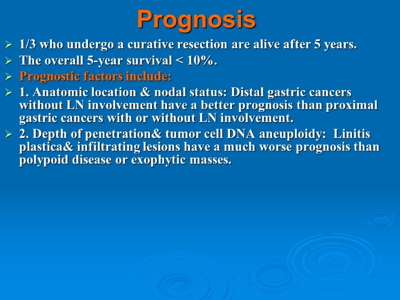 Prognosis 1/3 who undergo a curative resection are alive after 5 years.  The